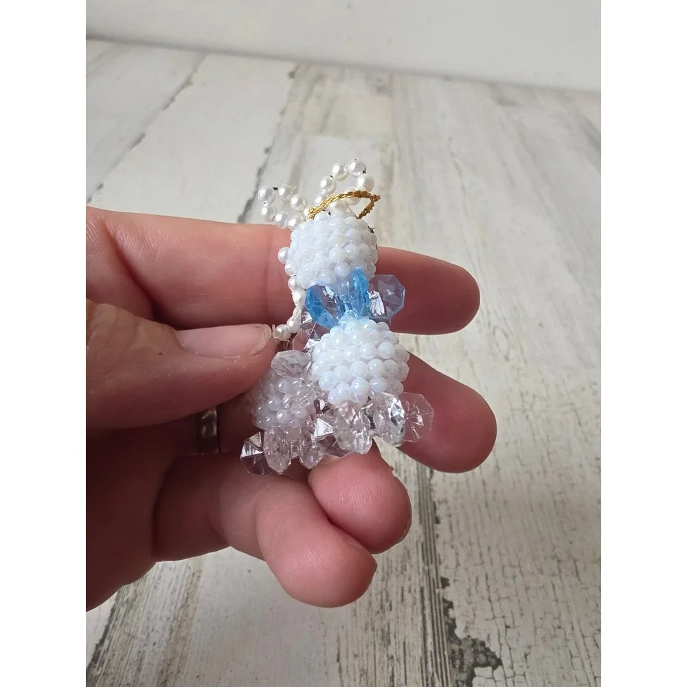 Vintage beaded cat mouse ornament mini pearls Xmas tree mouse